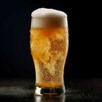 A glass of cold fresh beer with cap of foam. Splash of foam with tasty american beer. Beer day concept by AI Generated photo