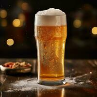 A glass of cold fresh beer with cap of foam. Splash of foam with tasty american beer. Beer day concept by AI Generated photo