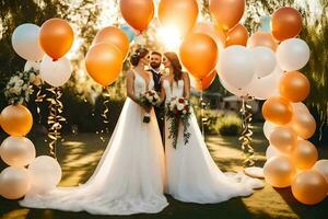 two brides and groom standing under an arch of balloons. AI-Generated photo