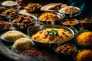 various dishes of indian food on a table. AI-Generated photo