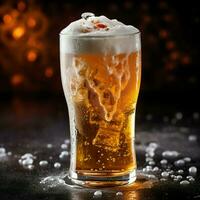 A glass of cold fresh beer with cap of foam. Splash of foam with tasty american beer. Beer day concept by AI Generated photo