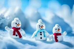 three snowmen are standing in the snow. AI-Generated photo