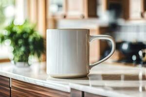 un blanco jarra en un mostrador en un cocina. generado por ai foto