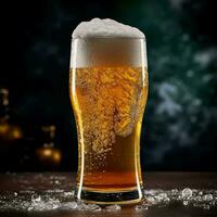 A glass of cold fresh beer with cap of foam. Splash of foam with tasty american beer. Beer day concept by AI Generated photo