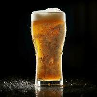 A glass of cold fresh beer with cap of foam. Splash of foam with tasty american beer. Beer day concept by AI Generated photo