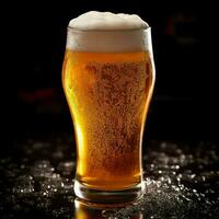 A glass of cold fresh beer with cap of foam. Splash of foam with tasty american beer. Beer day concept by AI Generated photo