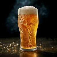 A glass of cold fresh beer with cap of foam. Splash of foam with tasty american beer. Beer day concept by AI Generated photo