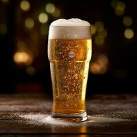 A glass of cold fresh beer with cap of foam. Splash of foam with tasty american beer. Beer day concept by AI Generated photo