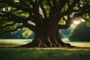 a large tree with roots in the grass. AI-Generated photo