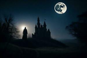 a castle in the dark with a full moon. AI-Generated photo