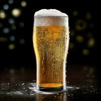 A glass of cold fresh beer with cap of foam. Splash of foam with tasty american beer. Beer day concept by AI Generated photo