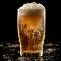 A glass of cold fresh beer with cap of foam. Splash of foam with tasty american beer. Beer day concept by AI Generated photo