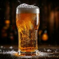 A glass of cold fresh beer with cap of foam. Splash of foam with tasty american beer. Beer day concept by AI Generated photo