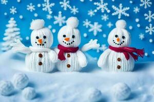 three snowmen in knitted hats and scarves on a blue background. AI-Generated photo