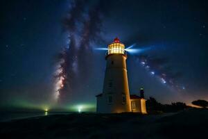 un faro es iluminado arriba por el lechoso forma. generado por ai foto