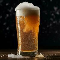 A glass of cold fresh beer with cap of foam. Splash of foam with tasty american beer. Beer day concept by AI Generated photo