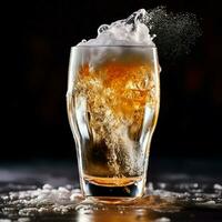 A glass of cold fresh beer with cap of foam. Splash of foam with tasty american beer. Beer day concept by AI Generated photo