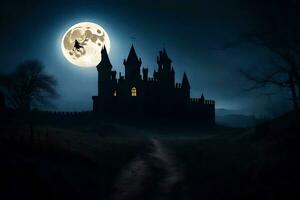 a castle in the dark with a full moon. AI-Generated photo