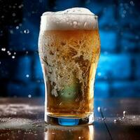 A glass of cold fresh beer with cap of foam. Splash of foam with tasty american beer. Beer day concept by AI Generated photo