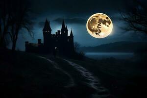 a full moon is seen over a castle in the dark. AI-Generated photo