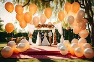 a wedding ceremony with orange and white balloons. AI-Generated photo