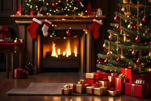 christmas tree and presents in front of fireplace. AI-Generated photo