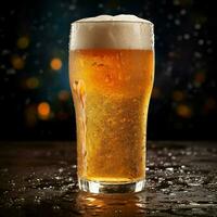 A glass of cold fresh beer with cap of foam. Splash of foam with tasty american beer. Beer day concept by AI Generated photo