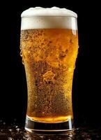 A glass of cold fresh beer with cap of foam. Splash of foam with tasty american beer. Beer day concept by AI Generated photo