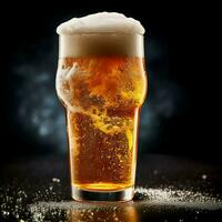 A glass of cold fresh beer with cap of foam. Splash of foam with tasty american beer. Beer day concept by AI Generated photo