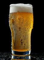 A glass of cold fresh beer with cap of foam. Splash of foam with tasty american beer. Beer day concept by AI Generated photo