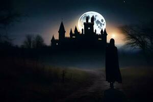 un persona caminando en frente de un castillo a noche. generado por ai foto