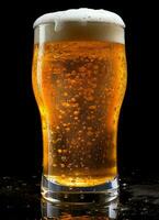 A glass of cold fresh beer with cap of foam. Splash of foam with tasty american beer. Beer day concept by AI Generated photo