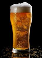 A glass of cold fresh beer with cap of foam. Splash of foam with tasty american beer. Beer day concept by AI Generated photo