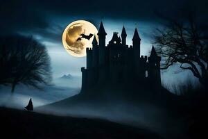 halloween castle with bats flying over it at night. AI-Generated photo