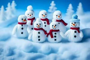 snowmen are made of knit wool and are wearing scarves. AI-Generated photo