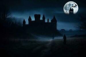 a dark castle in the middle of a field with a full moon. AI-Generated photo