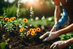 two people are planting flowers in a garden. AI-Generated photo