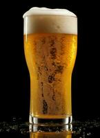 A glass of cold fresh beer with cap of foam. Splash of foam with tasty american beer. Beer day concept by AI Generated photo