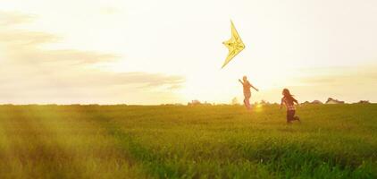 Family launches a kite in the field in summer park at sunset. photo