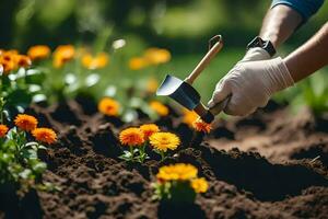 a person is digging in the dirt with a shovel. AI-Generated photo