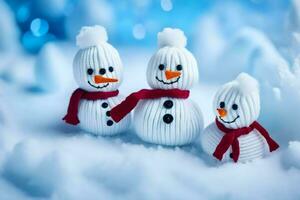 three snowmen are sitting in the snow. AI-Generated photo