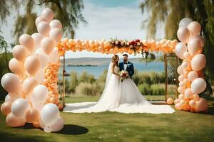 a bride and groom standing under an arch of balloons. AI-Generated photo