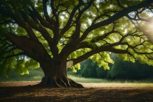 un grande árbol en el medio de un campo. generado por ai foto