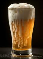 A glass of cold fresh beer with cap of foam. Splash of foam with tasty american beer. Beer day concept by AI Generated photo