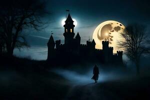 a man walks through a foggy forest at night with a castle in the background. AI-Generated photo
