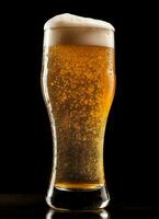 A glass of cold fresh beer with cap of foam. Splash of foam with tasty american beer. Beer day concept by AI Generated photo
