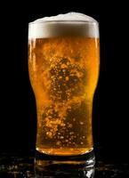 A glass of cold fresh beer with cap of foam. Splash of foam with tasty american beer. Beer day concept by AI Generated photo