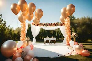 an outdoor wedding ceremony with balloons and white and pink flowers. AI-Generated photo