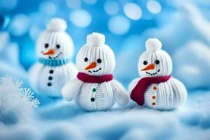 Tres muñecos de nieve son vistiendo bufandas y sombreros. generado por ai foto