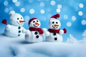 three snowmen are standing in the snow. AI-Generated photo